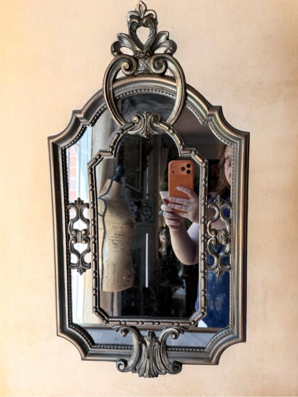 Ornate Antique-Style Florentine gold Silver Wall Mirror 22.5”x 13”Made in Italy